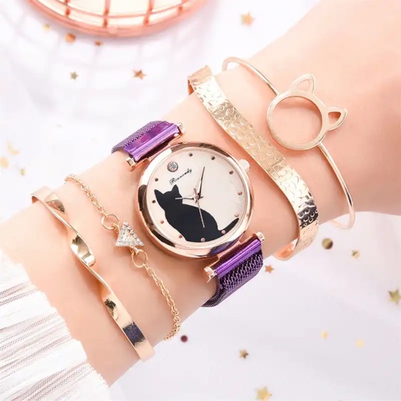Women Fashion Watches Quartz Wristwatch Purple Mesh Belt Cat Dial Luxury Women - Picture 1 of 6